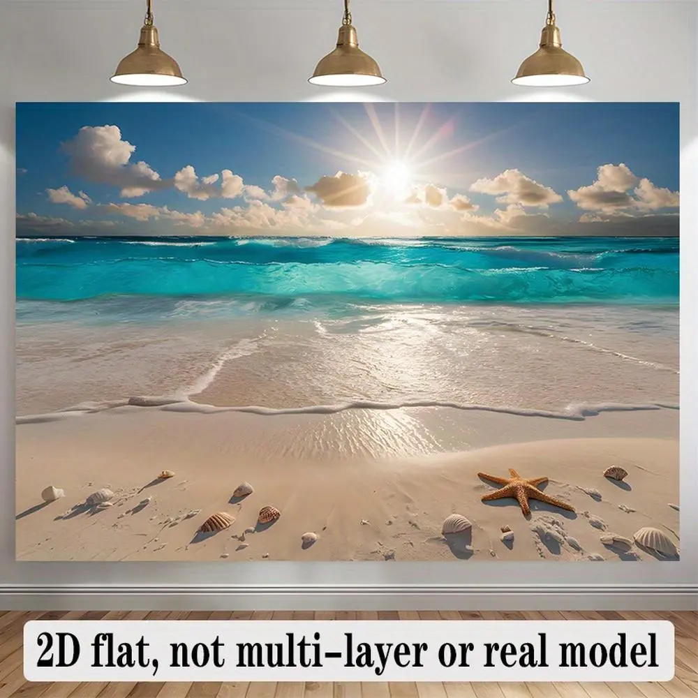 1-Piece Reusable 2D Flat Polyester Banner, Serene Beach Sunrise Design, Happy Birthday Backdrop, Ideal for Home Wall Decor