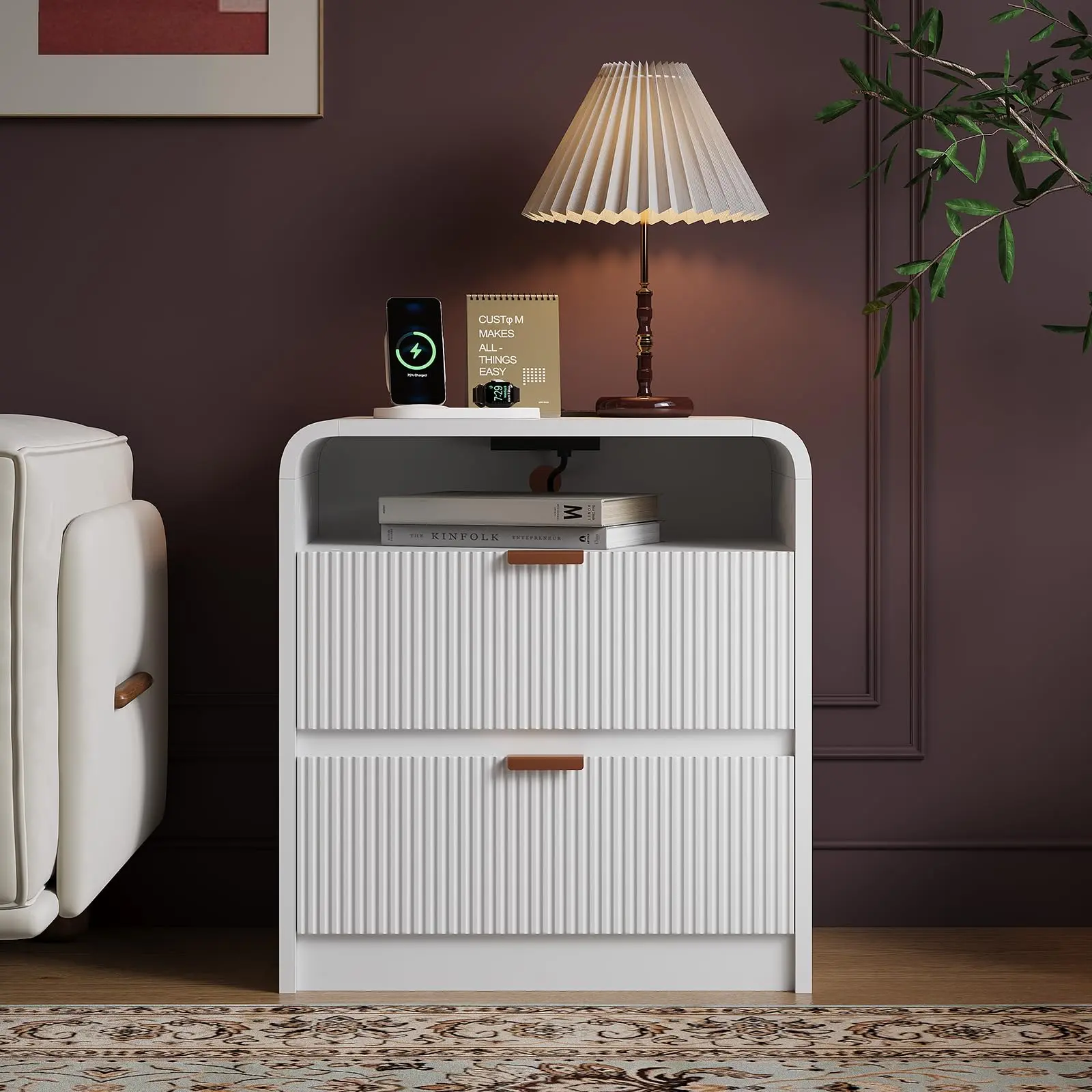 24" Fluted Nightstand with Charging Station, Wooden End Table with 2 Drawers Storage, Curved Profile Design, Modern Bedside Cabinet