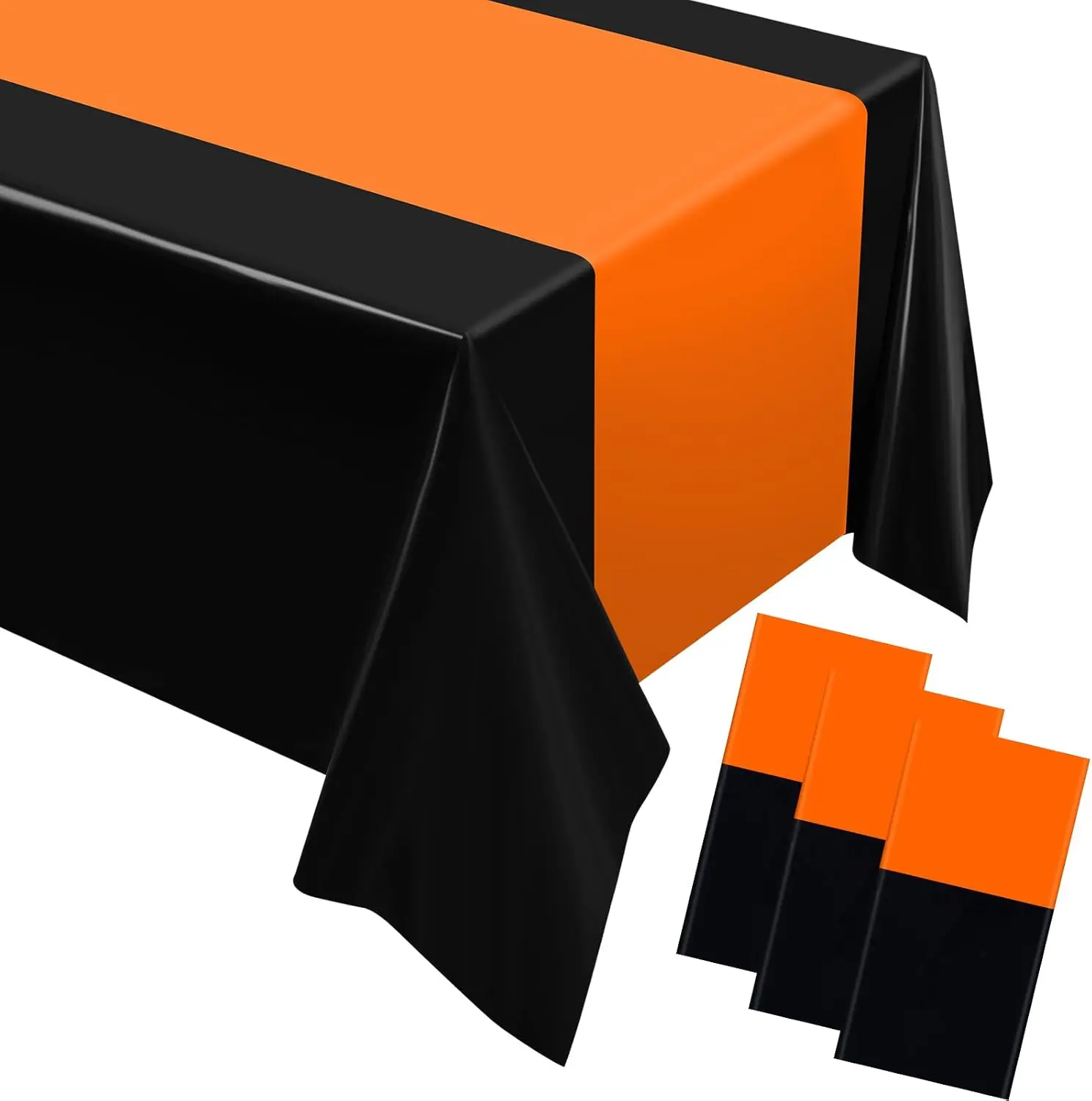 6-Count Smooth Disposable Plastic Tablecloths (108x54 in) for Outdoor Rectangle Tables, Halloween, Thanksgiving Party Decoration (Orange, Black)