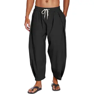 Men's Cotton Linen Harem Pants Drawstring Casual Cropped Pants Lightweight Loose Beach Yoga Pants with Pockets