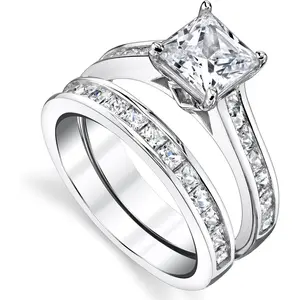 4.3 Carats Sterling Silver Cubic Zirconia Bridal Set Engagement Wedding Ring Bands Princess Cut