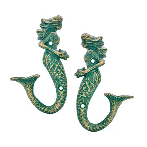 Sungmor 2-Piece Cast Iron Mermaid-Shape Wall Hooks, Vintage Home Decor, Antique Green Rustic Organizer for Keys, Coats, Towels, Beach Nautical Theme Bathroom