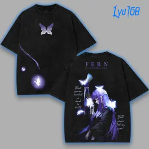 Frieren Beyond Journey's End wizard magic Fern Ferun Washed anime manga game T Shirts Streetwear Cotton wash Menswear graphic tee