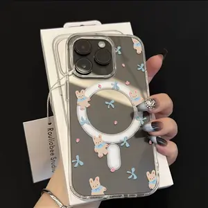 Blue Bow Bear Magnetic Phone Case for iPhone 15 Plus 16 Pro Max 14 13 12 11 Pattern Matte Military-Grade Drop Protection Silicone Cover