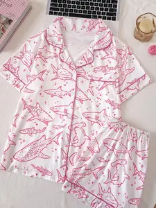 2-Piece Shark Print Pajama Set for Women, Elegant Fitted Top with Button-Down Neck + Comfortable Loose Shorts, All-Seasons Home Wear, Pyjamas