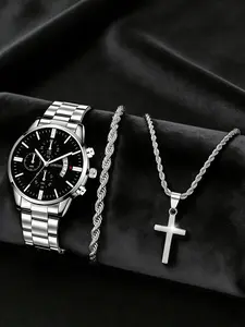 Men's Quartz Casual Wristwatch Set with Calendar, Silver Color Alloy Case, Round Analog Face, Modern Style Accessory for Daily Wear