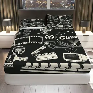 3Pcs Cinema Film Reel Movie Fitted Sheet Three Piece Set (1*Fitted Sheet+2*Pillowcases, Coreless), Movie Night theme, Retro Film Design Bedding Set, Mattress Protector Soft, Breathable