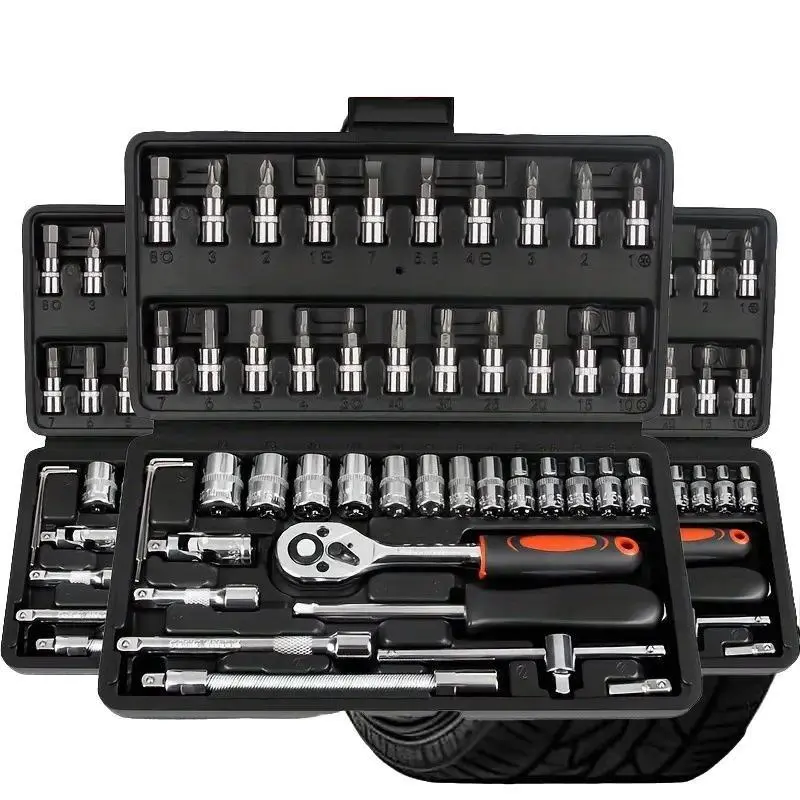1/4 Inch Drive 46-Piece Tool Kit Set - Quick Release Socket Ratchet Wrench, Metric Sizes Bit Sockets, Extension Bar, Compact Toolset with Storage Case for Auto Repair, Household Use, 46 Pieces, Chrome Vanadium Steel