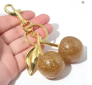 Fashion Delicious Golden Cherry Keychain Summer Fruit Cherry Pendant Key Ring Women Men Jewelry Bag Key Accessories Gift
