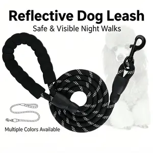 1.5m / 5FT Thick Heavy Duty Reflective Dog Leash, Braided Nylon Rope Leash with Soft Padded Handle, Anti-Tangle Night Walking Lead for Small Medium Large Dogs