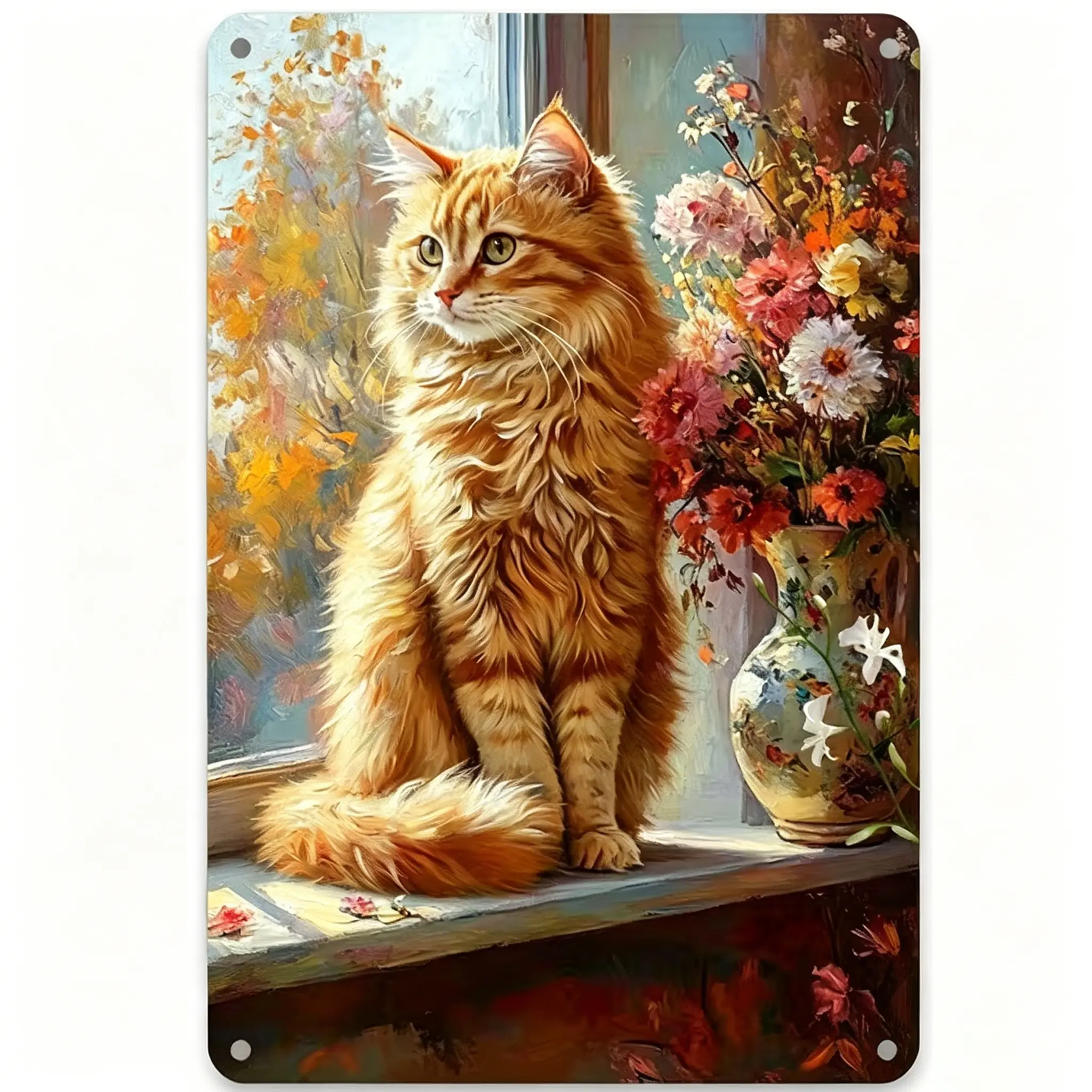 Vintage Long Fluffy Orange Tabby Cat Artistic Metal Tin Sign - 8x12in Waterproof Distressed Look Metal Plaque, Autumn Flowers Oil Painting Style, Shabby Chic Cottage Core Decor for Indoors, Universal Cat Lover Gift, Wall Plaque