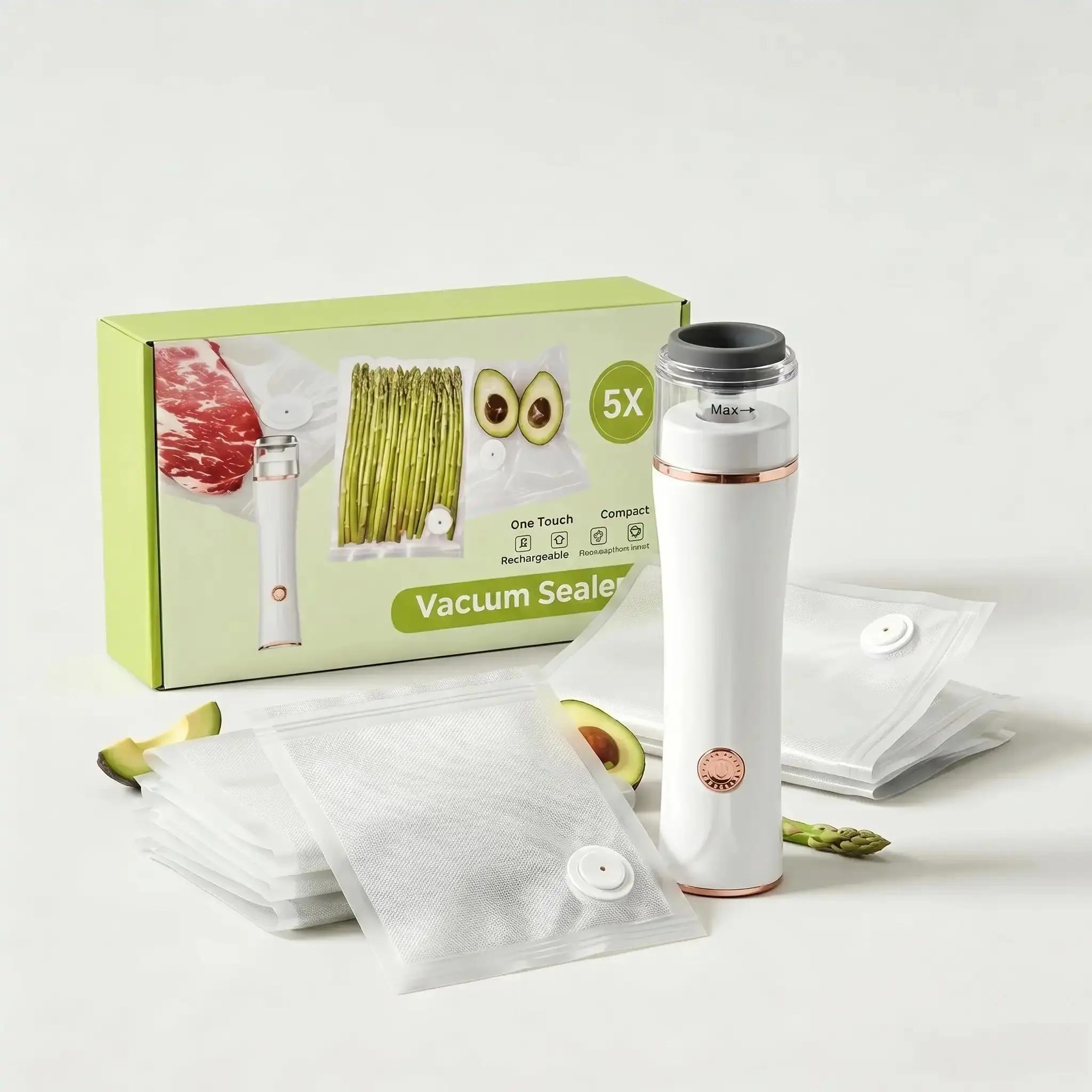 【US】PeaWove 5X Fresh Electric Vacuum Sealer Bags for Food (15-Pack, 3 Sizes), Reusable Airtight Storage Bags for Kitchen Organization