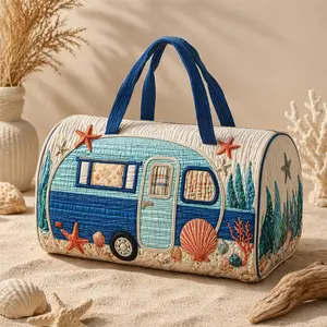 Cute Beach Camper Travel Bag for Women, Quilted Shell & Starfish Duffel Tote, Lightweight Overnight Weekender for Vacation, Short Trips & Daily Use