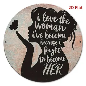 2D flat printing, circular metal signboard, confident woman and butterfly, 8-inch circular iron signboard wall art, perfect home decoration, Vintage Decor, garage and living room porch and bathroom ornaments.