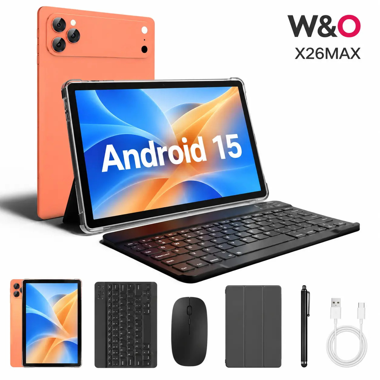 W&O X26MAX Android 15 Tablet, 11" Display, 12GB RAM + 256GB Storage, 10000mAh Battery, GPS, Tablet with Keyboard, Mouse, Stylus, Charging Cable & Protective Case for Work, Study and Entertainment