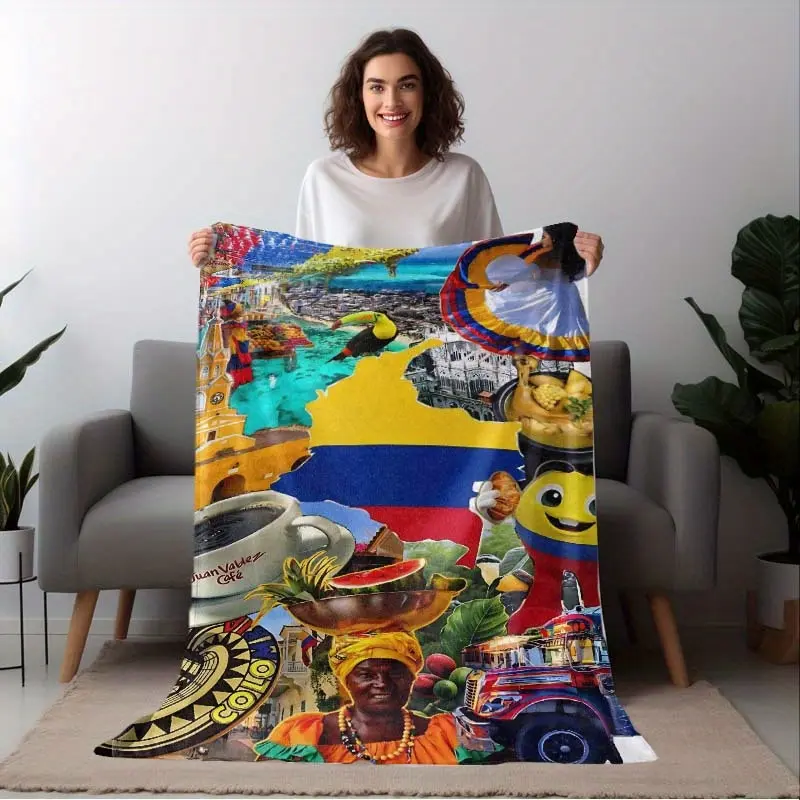 Colombian Style Classic Patchwork Print Blanket - Fading Resistant, Wrinkle Resistant, Durable Polyester Velvet, Soft, Lightweight, Machine Washable, Ideal for Home Use, Travel