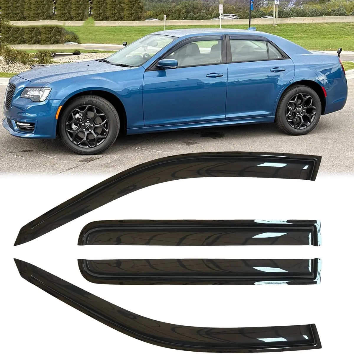 4pcs Hardy & Shatterproof Acrylic Reinforced Dark Smoke Car Side Window Visors for Chrysler 2011-2023 300, Self-Adhesive Peel-and-Stick Outside Mount, Rainproof Rain Guards, Sun Protection Vent Deflectors Set (No Cutting & No Drilling)