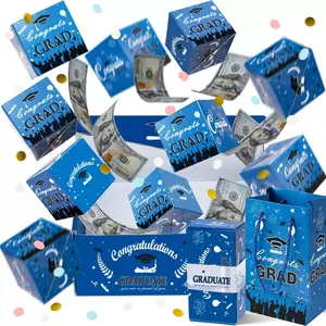 1 set of 20 bouncy boxes- Graduation Season Surprise Pop-Up Money Box Set. Blue "Congrats Grad" pop-up gift boxes that release cash. Comes with a gift bag and greeting card. Creative surprise gift for graduation parties. Graduate gift.