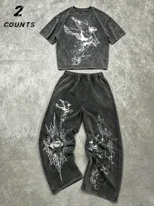 Vintage Acid Wash 2 Piece Set Gothic Angel Print Crop Top & Wide Leg Pants Streetwear Grunge Y2K Matching Outfit for Women Casual Concert Alt Tracksuit