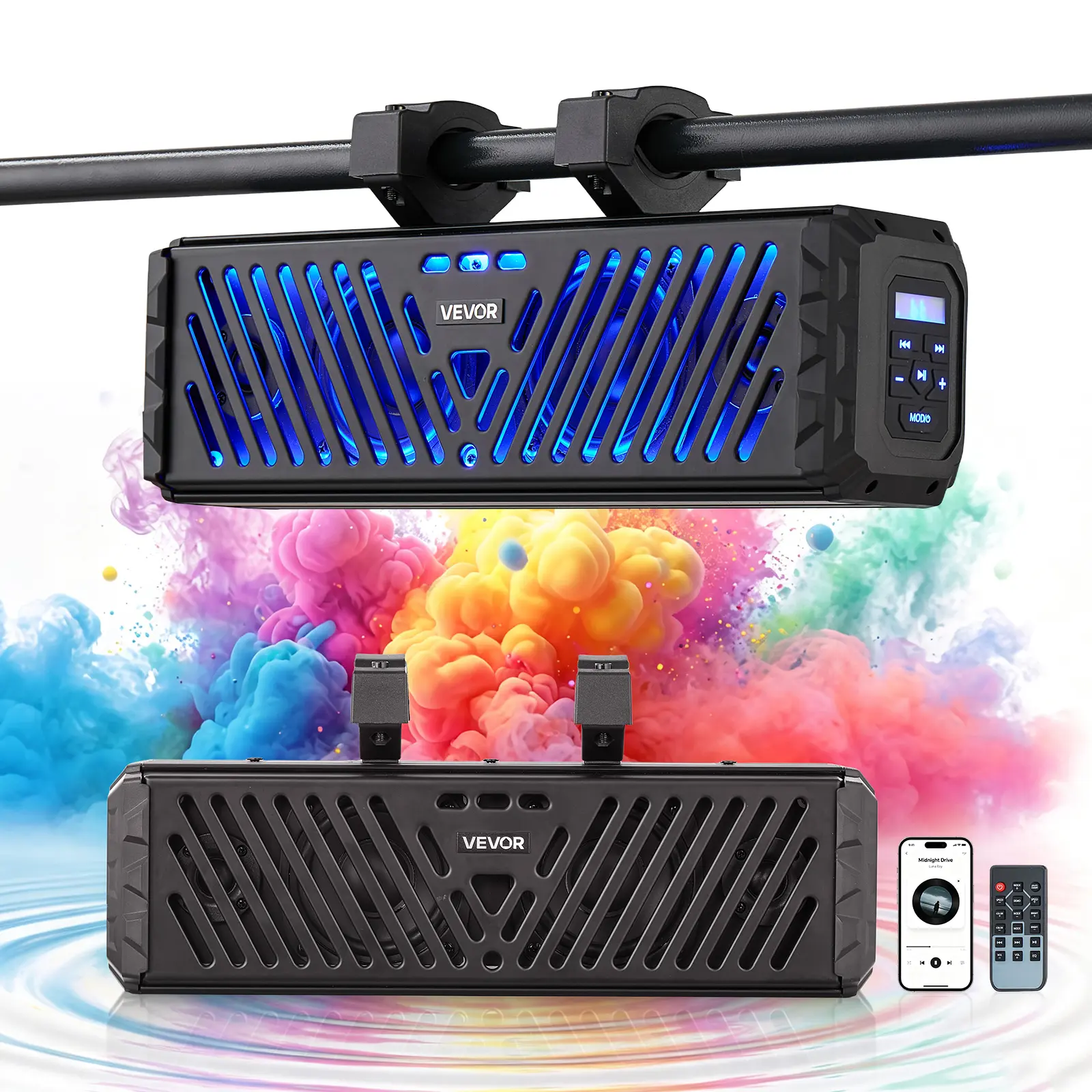 VEVOR 17.3-Inch UTV Golf Cart Sound Bar - 4-Speaker Audio System with Bluetooth, USB/AUX/RF Remote, RGB Multicolor Illumination, IP65 Rated Waterproof for UTVs, Golf Carts