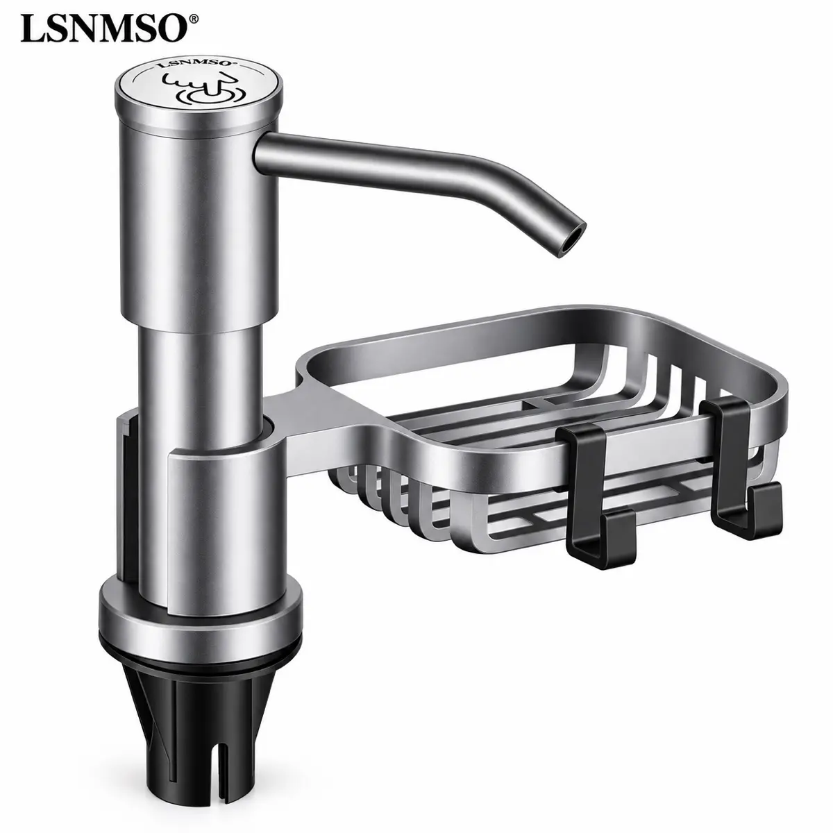 LSNMSO 2-in-1 Minimalist Metallic Kitchen Sink Soap Dispenser with Sponge Holder - Brushed Stainless Steel Countertop Pump, Cleaner Bottle, 5-gal Soap Supply, Farmhouse Fixture Accessory, Easy Installation, Continuous Flow, 2 Adapters
