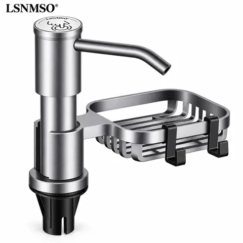 LSNMSO 2-in-1 Minimalist Metallic Kitchen Sink Soap Dispenser with Sponge Holder - Brushed Stainless Steel Countertop Pump, Cleaner Bottle, 5-gal Soap Supply, Farmhouse Fixture Accessory, Easy Installation, Continuous Flow, 2 Adapters