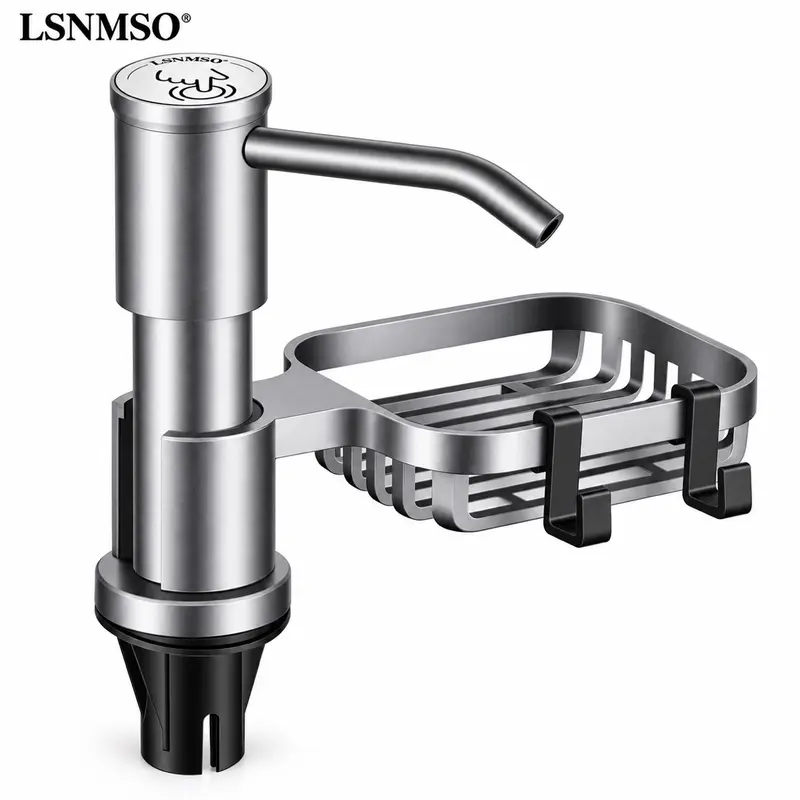 LSNMSO 2-in-1 Minimalist Metallic Kitchen Sink Soap Dispenser with Sponge Holder - Brushed Stainless Steel Countertop Pump, Cleaner Bottle, 5-gal Soap Supply, Farmhouse Fixture Accessory, Easy Installation, Continuous Flow, 2 Adapters
