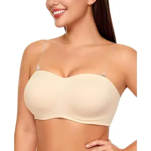 Plus Size Strapless Bras for Women Underwire Padded Bandeau Bra with Clear Straps