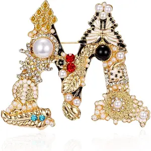 Pearl Initial Brooch Pin Crystal A-Z 26 Alphabet Letters Brooch Colorful Enamel Breastpin Pin Jewelry for Women Gifts