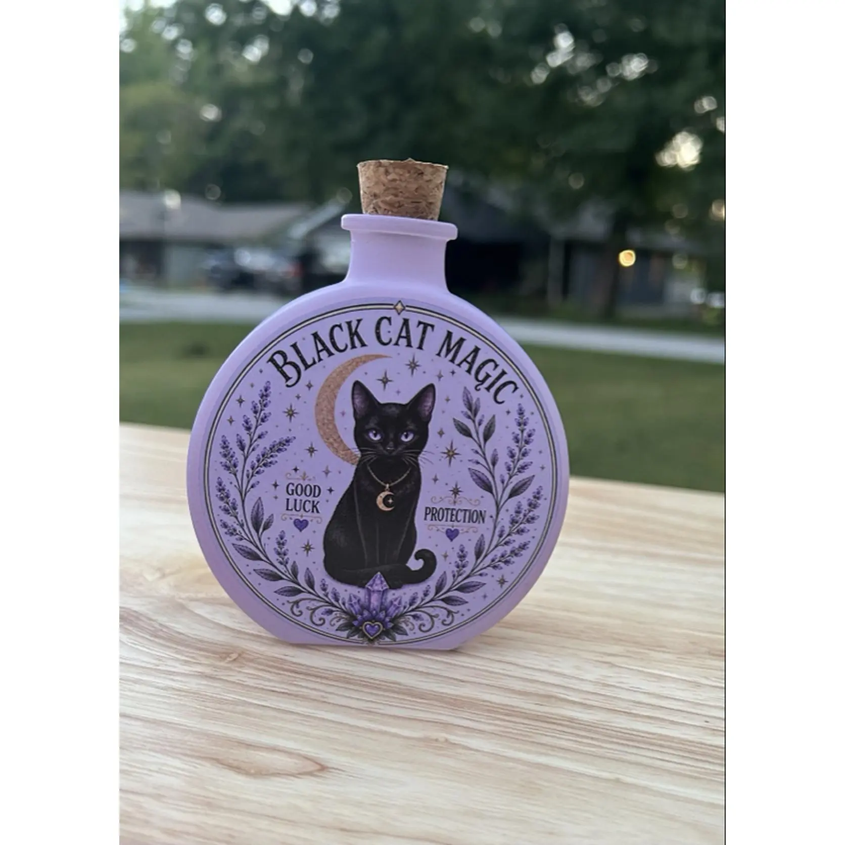 Purple Potion Bottle with Black Cat Magic Halloween Decor - Good Luck & Protection Design