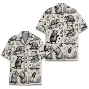 Funny Opossum Hawaiian Shirt Men Women Youth, Vintage UFO Coffee Possum Shirt, Weird Animal Aloha Button Down Short Sleeve