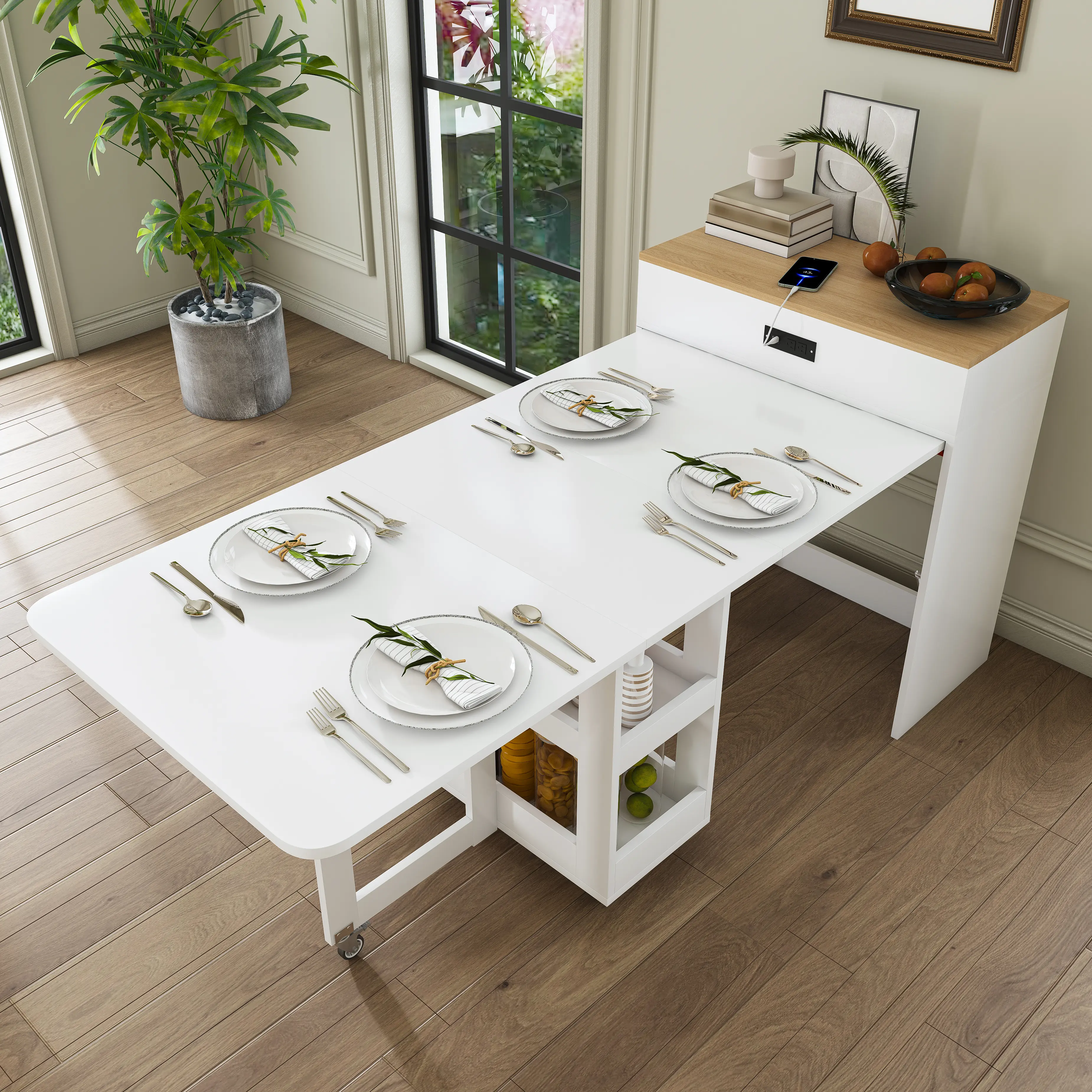 Space Saving Folding Dining Table with Storage, White Expandable Kitchen Table with Wheels, Shelves and Built-In Power Outlets