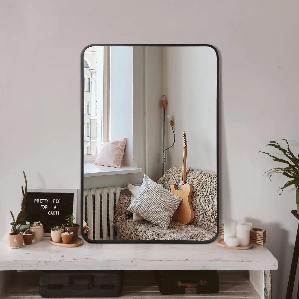 24x32in Elegant Rectangle Wall Mirror - Black Brushed Anti-Rust Metal Frame, 4mm HD Shatterproof No-Glass Indoor Mirror, True Reflection, Reinforced Hooks, MDF-Strengthened, Installation Guide, Decor for Modern Bathrooms, Bedrooms, Bathroom Mirrors