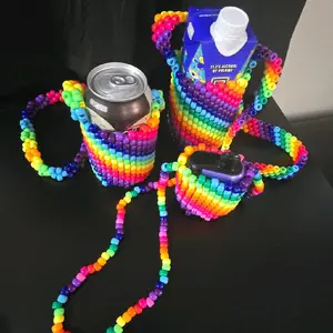 DRINK HOLDING KANDI LANYARD Rainbow Beaded Beverage Holder with Strap for Easy Carrying
