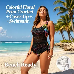 Women’s Colorful Floral Print Crochet One-Piece Swimsuit with Sheer Mesh Panel, Vibrant Floral Swimwear for Beach Vacation and Tropical Getaway