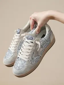 Silver Color Sequins Decorative Shoes, Sneaker, Star Element Design, Light Sole, Laces, Casual Style, All Seasons Wear