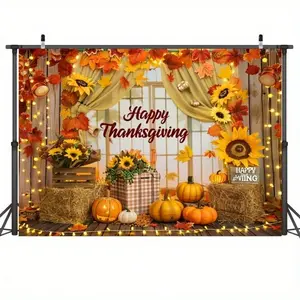 Thanksgiving Banner Background, Polyester Material, Autumn Pumpkin & Sunflower Harvest Party Decor, Thanksgiving Turkey Photo Backdrop, Party Decorations Banners