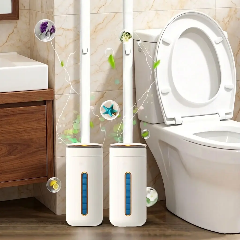 Toilet Brush Set with Disposable Refills, Built-in Cleaner, 8 No-Touch Hygienic Replaceable Heads, Rotatable Plastic Bristles, Wall-Mount Storage Compatible for Bathroom Cleaning