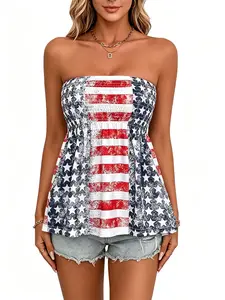 Women's American Flag Strapless Tube T-shirt - 250th Independence Day Patriotic Blouse, Flare Peplum Bandeau Top  for 4th of July Patriotic Celebration，Casual Flowy Summer Party Top Print Flared Feminine Fabric Womenswear Beach Denim