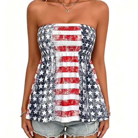 Women's Soft Stretchy Fitted Flared Peplum American Flag Print Strapless Tube Top - Lightweight Vintage Denim Fabric, Feminine Smocked Sleeveless Blouse for Veterans Day Beach Casual