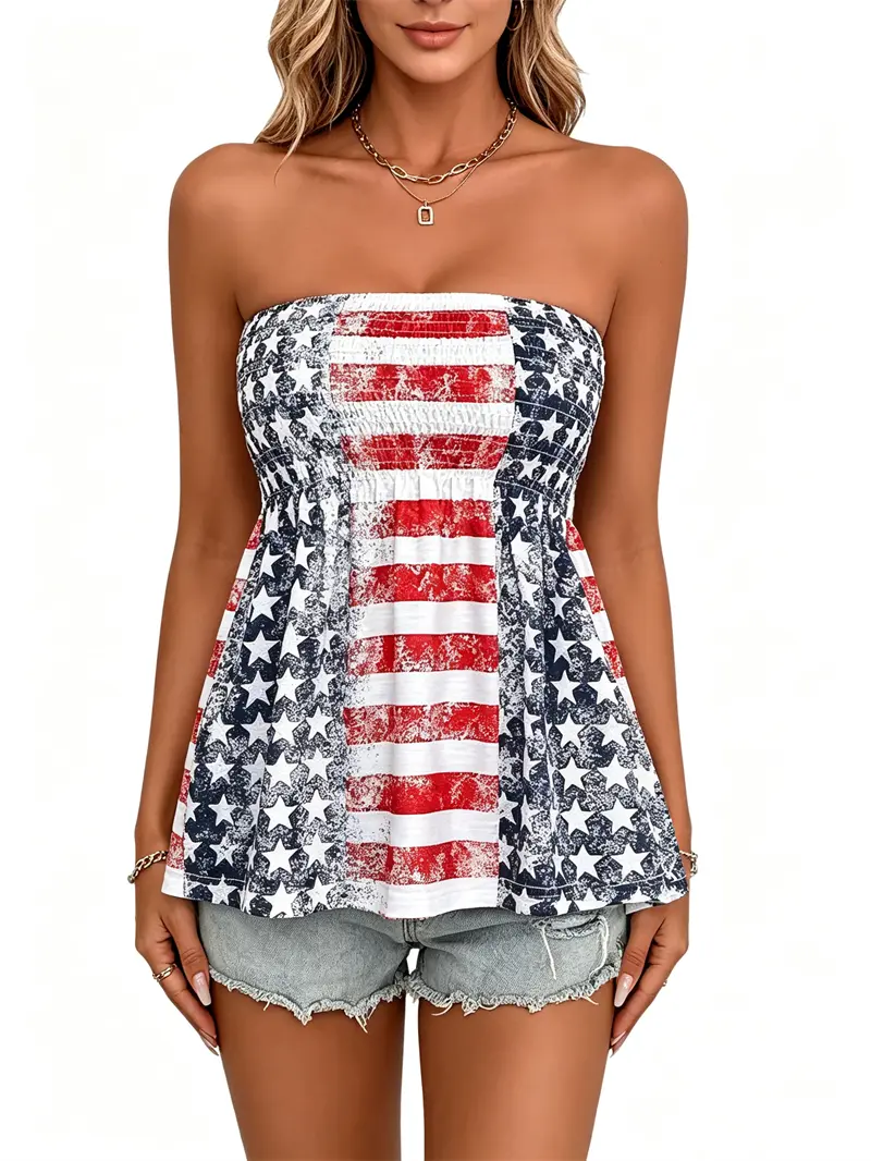 Women's Stretchy Sleeveless American Flag Strapless Tube T-shirt - 250th Independence Day Soft Patriotic Peplum Bandeau Top, Flare Style Blouse for 4th of July Celebration, Casual Flowy Summer Beach Top