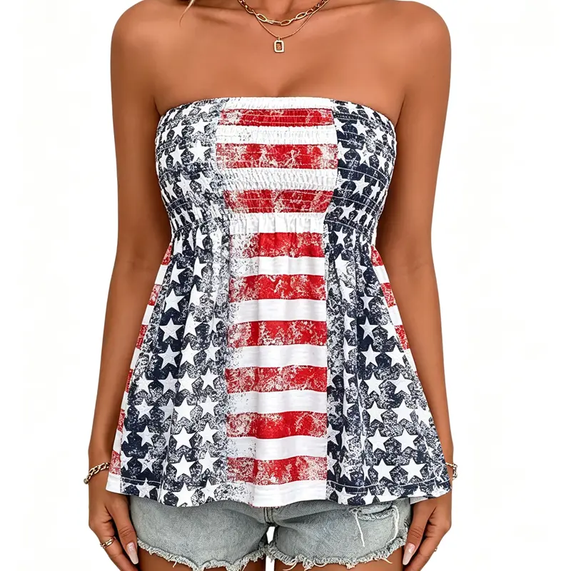 Women's Soft Stretchy Fitted Flared Peplum American Flag Print Strapless Tube Top - Lightweight Vintage Denim Fabric, Feminine Smocked Sleeveless Blouse for Veterans Day Beach Casual