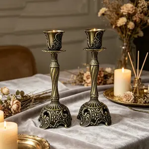2 Piece Vintage Bronze Candle Holders, 7.4 Inch European Vintage Metal, Centerpiece for Shabbat, Wedding, Christmas, Halloween, Elegant Home Decor