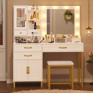 Glass Top Makeup Vanity Set with Bench White & Gold, Vanity Table Set, Makeup Vanity Dresser, Vanity Set With Mirror And Stool And Lights