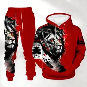Two Piece Set European And American Trendy Lion Print Hooded Sweatshirt For Men Street Style Loose Fit Sports Two Piece Set