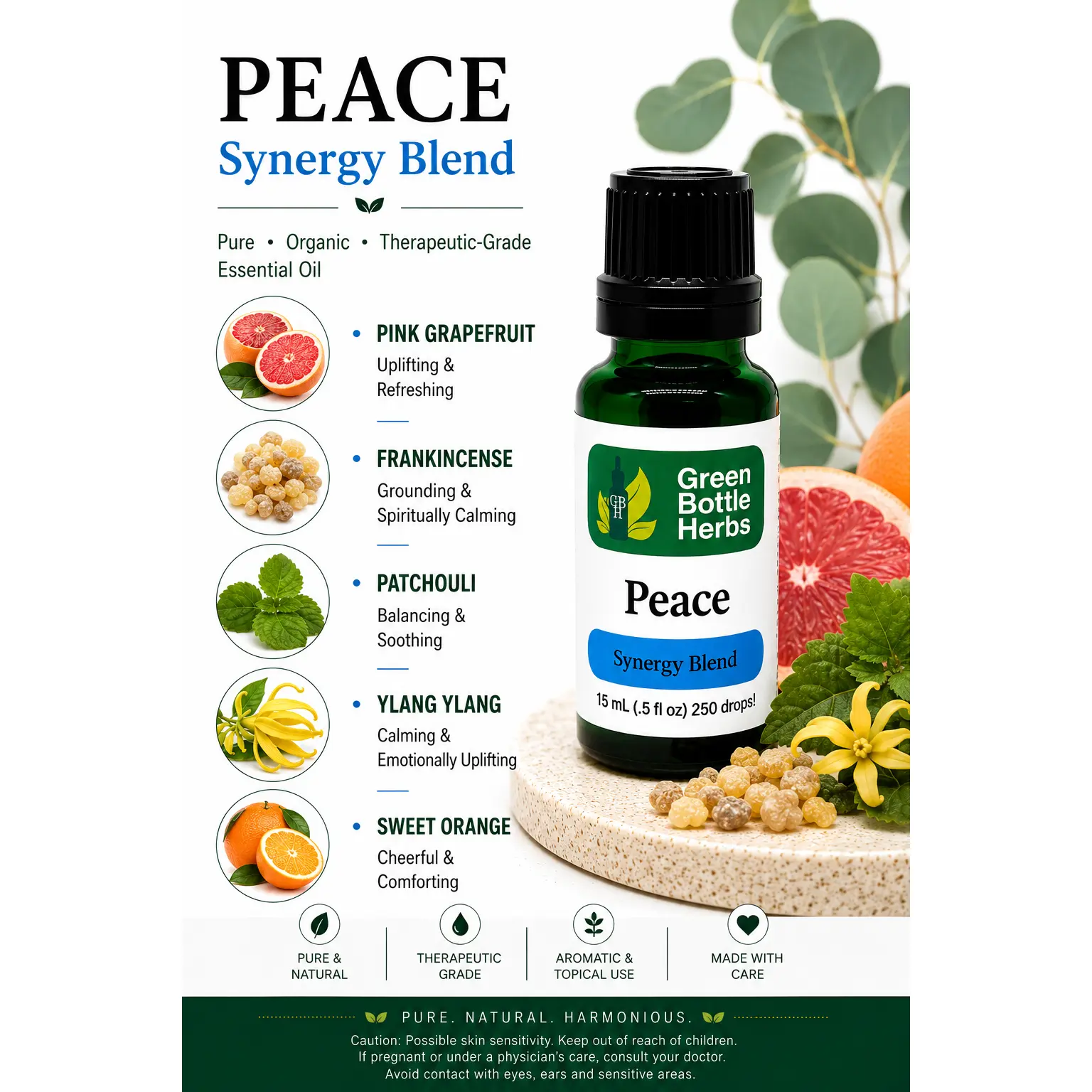 Peace Therapeutic Essential Oil Blend - Natural Herbs, Certified Organic, Plant Derivatives Carrier & Essential Oils, Earthy Aromatherapy for Stress Relief & Wellness Support