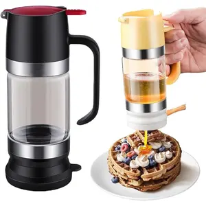 No-Drip Glass Honey Canister Dispenser, 9oz Glass Jar with Handle, Maple Syrup Dispenser for Coffee, Tea (Black)