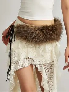 Women's Y2K Streetwear Fashion Trendy Exquisite Belt, & Faux Fur Design, Perfect for Autumn Winter Christmas Parties, Casual Daily Wear Gift Idea