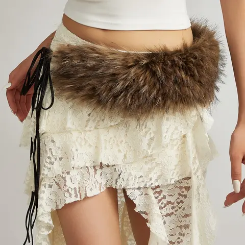 Women's Y2K Streetwear Fashion Belt, & Faux Fur Design, Perfect for Autumn Winter Christmas Parties, Casual Daily Wear Gift Idea