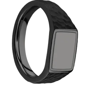 Small Horizontal Rectangle signet ring (12x9mm) in Zirconium, with a Wide style band, a Tantalum Noir inlay.